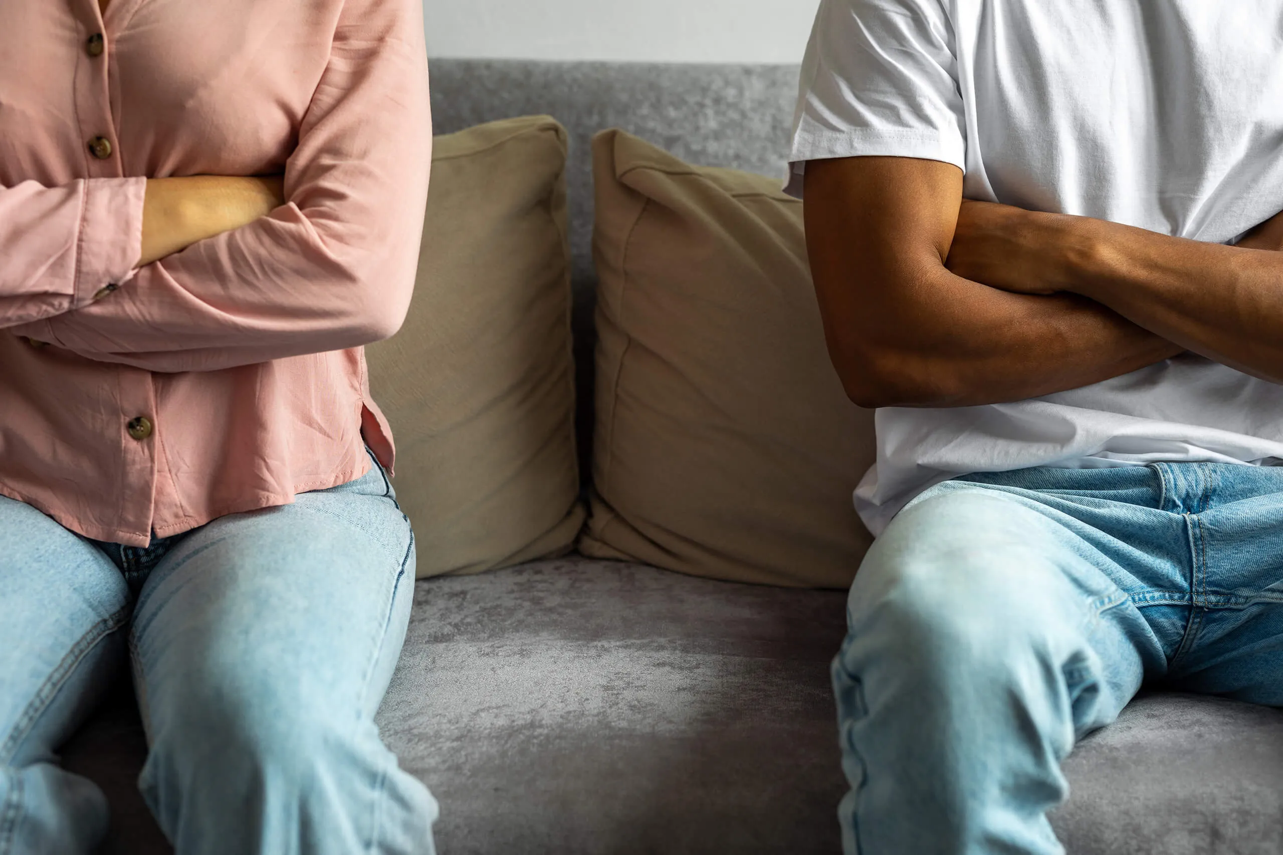 Illustrative scene of a couple having a thoughtful conversation at home